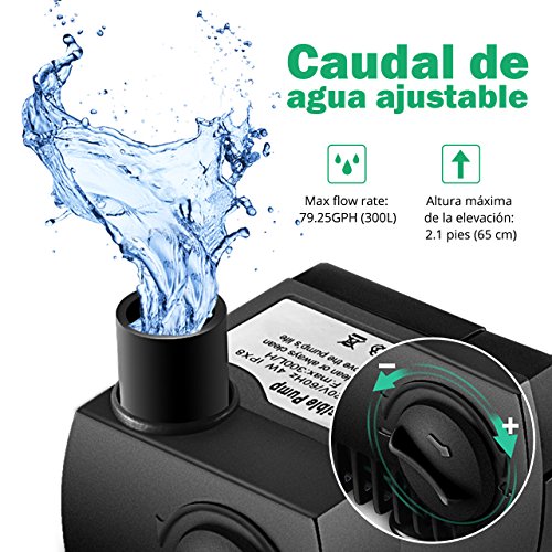 OMORC Bomba de Agua Sumergible 300L/H con Filtro y 2 Boquillas AC220-240V Bomba de Agua Limpiable, Desmontable, para Acuario, Estanque, Pecera, Hidropónico de Bomba de Agua, Silenciosa.