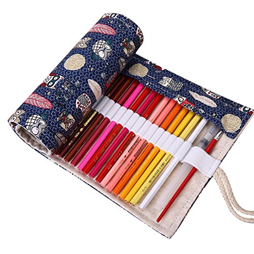 ONEGenug 48 hoyos Bolso de lápices de colores lienzo Primavera-Case, Roll up pencil case, Accesorios del artista, Lápices de colores para pintar, escribir, dibujar, colorear, dibujar, escuela, oficina