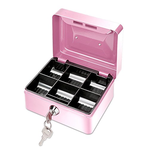 ONEVER Pequeño Banco de Dinero de Metal con Cerradura, Moneda Cash Caja Segura Hucha con 6 Compartimientos Bandeja de Dinero, Regalo Perfecto para Niños (Pink)