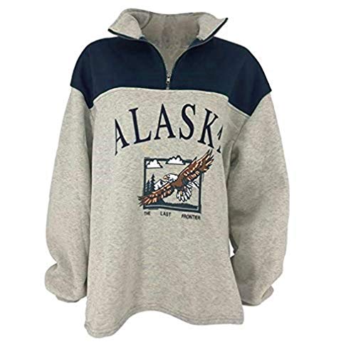 Onsoyours Mujer Sudaderas Sin Capucha Alaska Letra Impresión Pullover Suelta Casual Manga Larga Hip Hop Alto Cuello Redondo Cremallera Águila Gráfico Blusas Camiseta Top Azul L