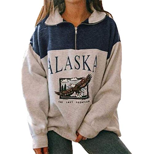 Onsoyours Mujer Sudaderas Sin Capucha Alaska Letra Impresión Pullover Suelta Casual Manga Larga Hip Hop Alto Cuello Redondo Cremallera Águila Gráfico Blusas Camiseta Top Azul L