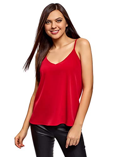 oodji Ultra Mujer Top de Tejido Fluido con Tirantes Finos, Rojo, ES 34 / XXS