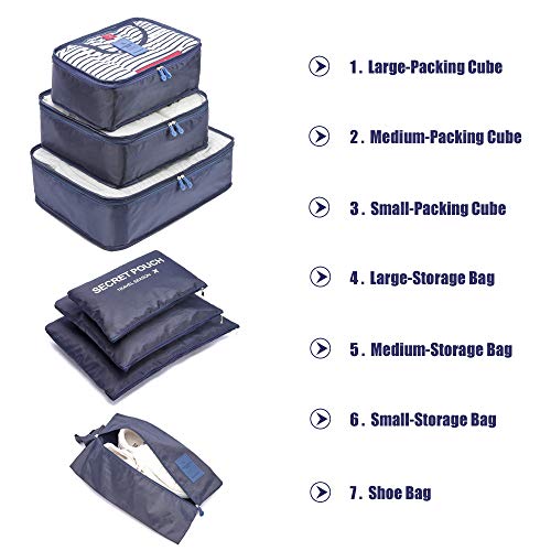 Organizador de Equipaje，LOSMILE 7 en 1 Set Impermeable Organizadores de Viaje para Maletas，3 Cubos de Embalaje +3 Bolsas de Almacenamiento+1 Saco de Zapatos.（Azul Oscuro）