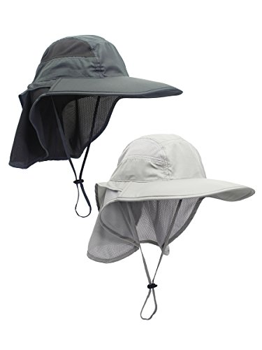 Pack de 2 Unisex Gorra de Safari con Extra Largo Protector de Nuca 12cm Gran Borde para Actividades al Aire Libre Sol Protección UV - Gris