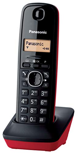 Panasonic KX-TG1611 - Teléfono fijo inalámbrico (LCD, identificador de llamadas, agenda de 50 números, tecla de navegación, alarma, reloj) Negro/Rojo, Tamaño Único