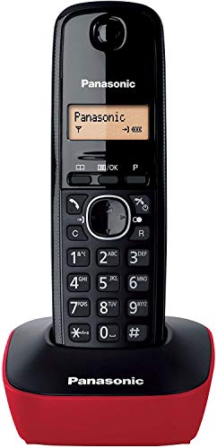 Panasonic KX-TG1611 - Teléfono fijo inalámbrico (LCD, identificador de llamadas, agenda de 50 números, tecla de navegación, alarma, reloj) Negro/Rojo, Tamaño Único