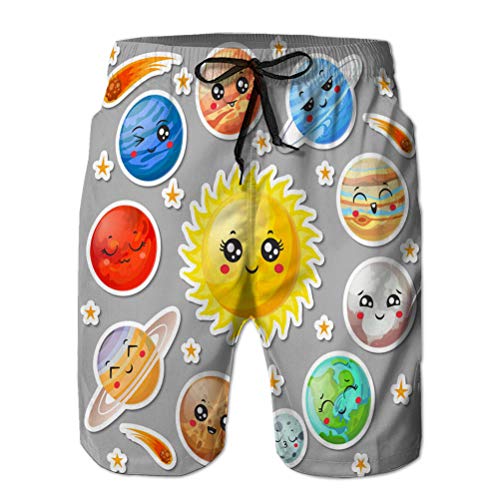 Pantalones Cortos de Verano para Hombre Deportes al Aire Libre Pantalones Cortos Casuales Dibujos Animados Lindos Planetas Pegatinas Cara de Planeta Feliz XXL