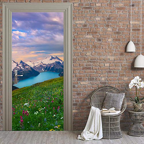 Papel Pintado Puerta PVC Impermeable Nieve Montaña Prado Ámbar Paisaje Fotomurales Home Decoración 77cm x 200cm