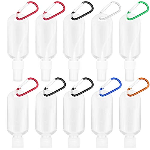 Paquete de 10 botellas de viaje de plástico recargables de 50 ml con mosquetón de llavero, tapas abatibles, botellas vacías transparentes y botella de spray