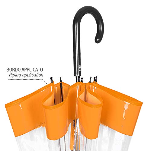 Paraguas Cupula Transparente Mujer Borde Naranja - Paraguas Clásico Burbuja Campana Automatico - Fuerte Resistente al Viento Antiviento Varillas Fibra de Vidrio - 89 cm de Diámetro - Perletti(Naranja)