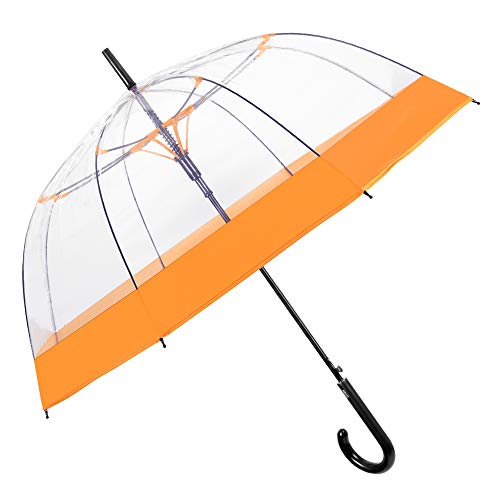 Paraguas Cupula Transparente Mujer Borde Naranja - Paraguas Clásico Burbuja Campana Automatico - Fuerte Resistente al Viento Antiviento Varillas Fibra de Vidrio - 89 cm de Diámetro - Perletti(Naranja)