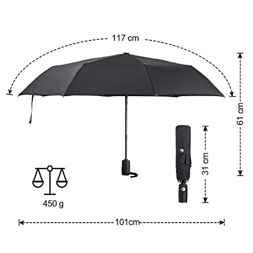 Paraguas Plegables y Compacto, Leebotree Paraguas de Viaje Plegable Clásico Sistema automático de Apertura Tela Impermeable y Muy Resistente 210T. Fácil Transporte. (Negro)