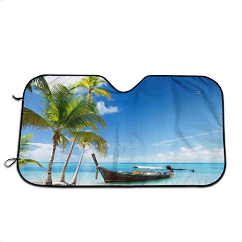 Parasol Para Parabrisas De Coche,Sombrilla Ventana Delantera,Palm Tree Boat Beach Ocean Sea Hawaiian Tropical Car Parabrisas Bloques De Protección Solar Rayos Uv Y Daños Universal Fit Cars,Sedans,Tr