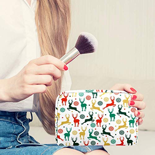 Patrón de Navidad con rein-ciervos y copos de nieve bolsas de maquillaje portátiles bolsa de cosméticos impresa, bolsa de cosméticos para mujeres bolsa de cosméticos de viaje