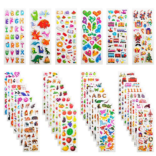 Pegatinas para Niños, Leenou 950+ 3D Puffy Sticker Variedad de Pegatinas para Regalos Gratificantes Scrapbooking Que Incluye Animales, Peces, Dinosaurios, Números, Frutas, Aviones y Más (36 Hojas)