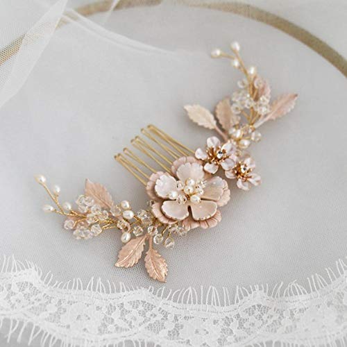 Peine dorado floral perlas de agua dulce, joyería de boda hecha a mano, accesorios para novia, accesorio para la cabeza de graduación para mujer Color oro amarillo claro.