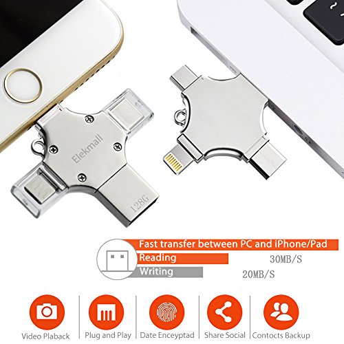 Pendrive para iPhone y iPad, 128GB Memoria USB 4 en 1 con Tipo C Micro USB Expansión de Memoria para Android, Macbook, PC - USB 2.0 Plata