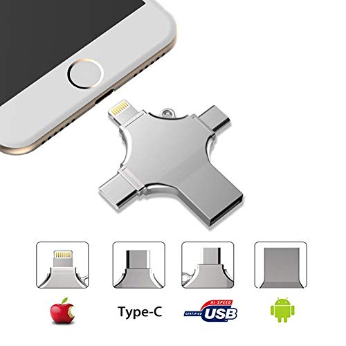 Pendrive para iPhone y iPad, 128GB Memoria USB 4 en 1 con Tipo C Micro USB Expansión de Memoria para Android, Macbook, PC - USB 2.0 Plata