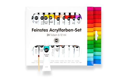 perfect ideaz set de pinturas acrílicas de colores con pincel, 24 tubos x 12 ml, 22 colores diferentes, alta proporción de pigmentos de colores, pintura acrílica de alta cobertura y de secado rápido