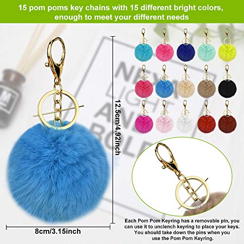 PERFETSELL 15 Pcs Llavero Pompon Pelo 8 cm Pompones de Colores Llavero Colgante Anillo de Clave Pompón Felpa Llavero Piel Llaveros Bola para Llavero Bolso MochilaTeléfono Móvil Decoración Accesorio