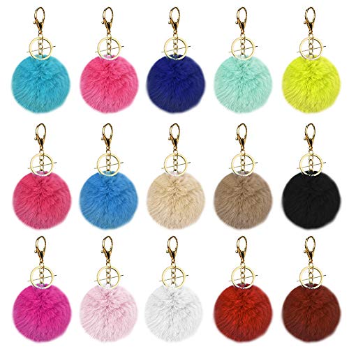 PERFETSELL 15 Pcs Llavero Pompon Pelo 8 cm Pompones de Colores Llavero Colgante Anillo de Clave Pompón Felpa Llavero Piel Llaveros Bola para Llavero Bolso MochilaTeléfono Móvil Decoración Accesorio