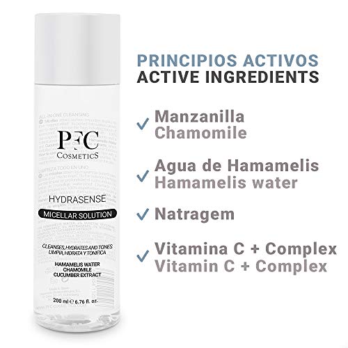 PFC Cosmetic Agua Micelar Limpiadora Líquido Facial Puro y Natural Hydrasense Micelar Solution 200ml Concentrado de Hamamelis Water Camomila Extracto de Pepino para Higiene y Cuidado Personal.