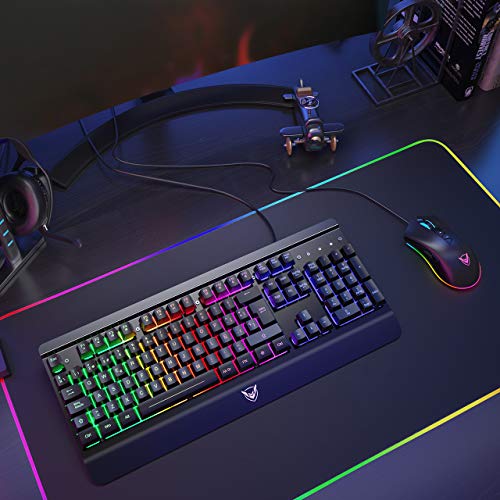 PICTEK Teclado Gaming, Teclado Gaming PC LED Retroiluminación con Cable Teclado, 12 Atajos Multimedia, 19 Anti-Ghosting, Teclado USB de 1,6 M, Teclado Metálico para PC/Windows/PS4, Negro