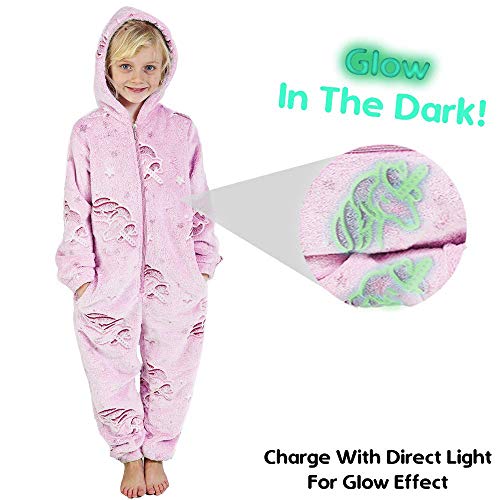 Pijama Unicornio Niña Onesie Pijamas Niñas Entero Brilla en la Oscuridad Glow in The Dark 3-14 ANS (9-10 años, Rosa)