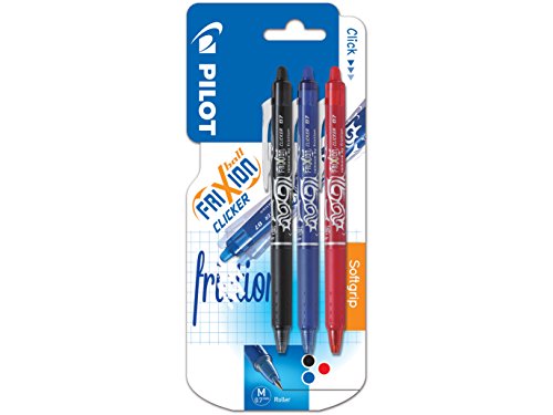 Pilot FriXion Clicker - Bolígrafo roller de gel de tinta borrable (3 unidades), color negro, rojo y azul