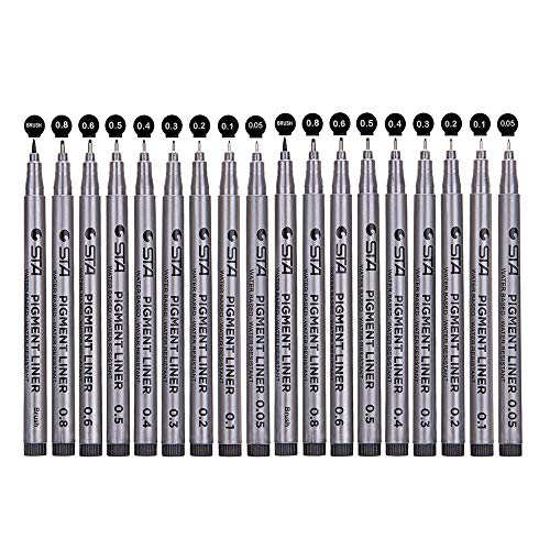 Plumas de Línea Fina,Fineliner Plumas Clasificado Punta Tamaños Negro 18 conjunto Rotuladores de Punta Fina con Pincel para Escritura Sketching Dibujo Entintando