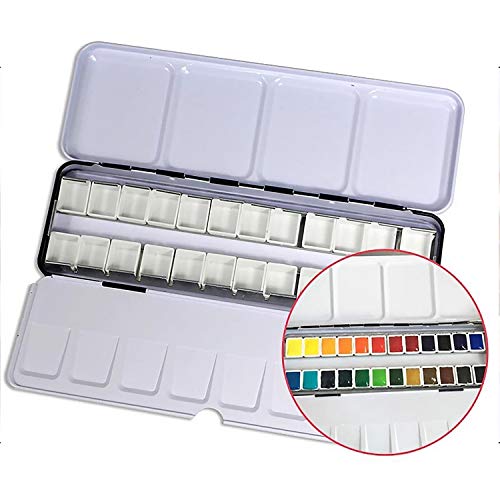 Portable Empty Watercolor Tins Paleta Pintura Caja de Metal con 24pcs Medias Sartenes para Dibujar Suministros de Pintura