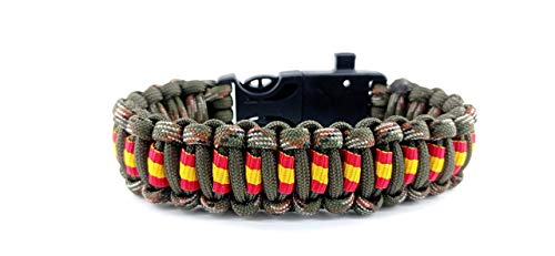 Pulsera de supervivencia ESPAÑA a medida 5 en 1 con silbato, brújula, pedernal, raspador y cuerda de paracord 550 tipo III. Hecha a mano en España. Color VERDE ARMY - BOSCOSO PIXELADO