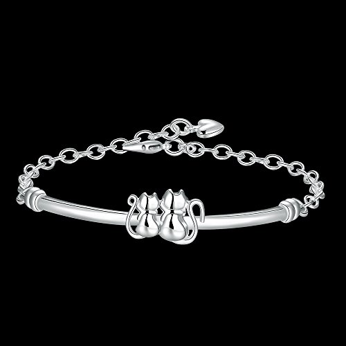 Pulsera femenina Diseño de moda con dos lindos gato encantador de plata Broche de langosta Buen regalo para Navidad en una caja de regalo de joyería