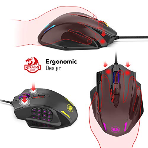 Redragon M908 Impact RGB - Mouse con cable para juegos MMO con botones laterales - Sensor óptico con 12,400 DPI, Ratón para Windows de alta precisión, 19 botones programables