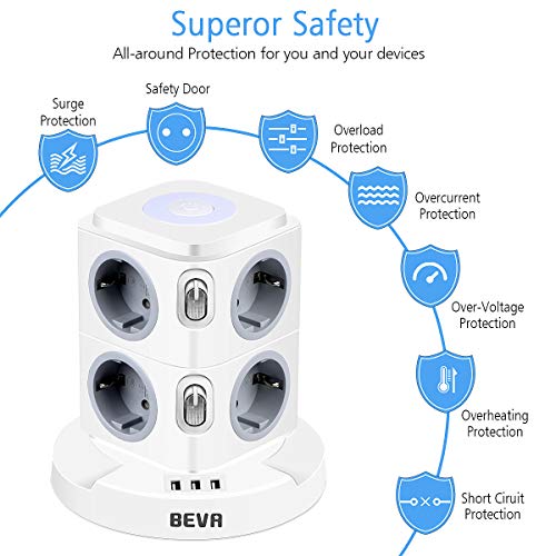 Regleta Enchufes con usb, BEVA Regleta Vertical Enchufes de 8 Tomas Corrientes y 3 Rápida USB Tomas, Torre Enchufes con luz nocturna regulable y Protección Contra Sobrecargas, Cable de 2M, 2500W/10A