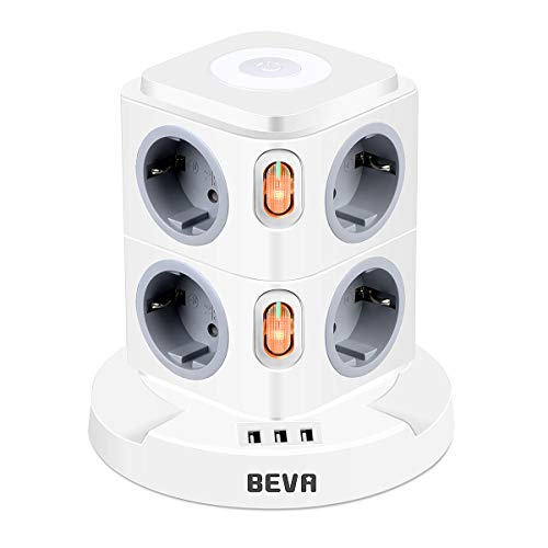 Regleta Enchufes con usb, BEVA Regleta Vertical Enchufes de 8 Tomas Corrientes y 3 Rápida USB Tomas, Torre Enchufes con luz nocturna regulable y Protección Contra Sobrecargas, Cable de 2M, 2500W/10A