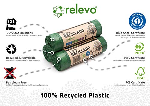 Relevo 100% Reciclado Bolsas de Basura, extra resistentes 30 L, 45 bolsas