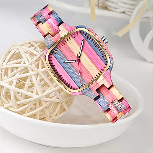 Reloj de pulsera para mujer, cuadrado, de madera, color arcoíris, con visualización analógica única, de cuarzo, para mujer