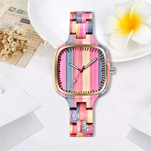 Reloj de pulsera para mujer, cuadrado, de madera, color arcoíris, con visualización analógica única, de cuarzo, para mujer