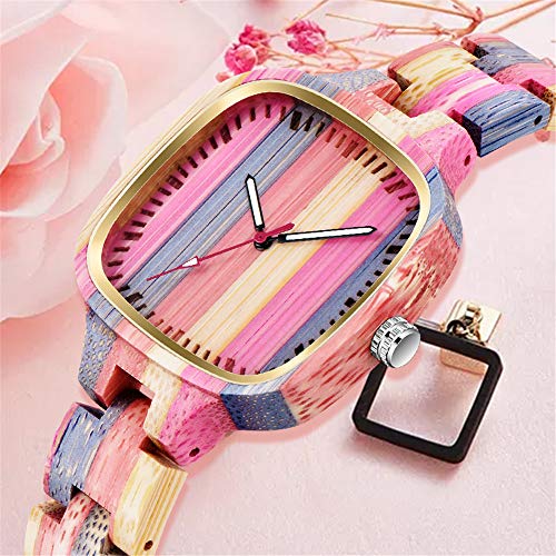 Reloj de pulsera para mujer, cuadrado, de madera, color arcoíris, con visualización analógica única, de cuarzo, para mujer