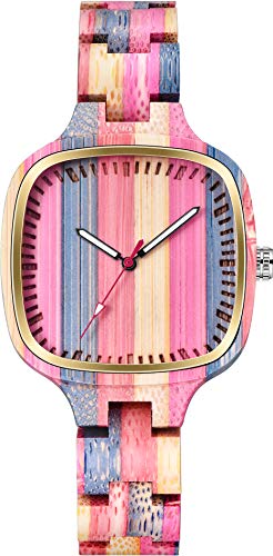 Reloj de pulsera para mujer, cuadrado, de madera, color arcoíris, con visualización analógica única, de cuarzo, para mujer