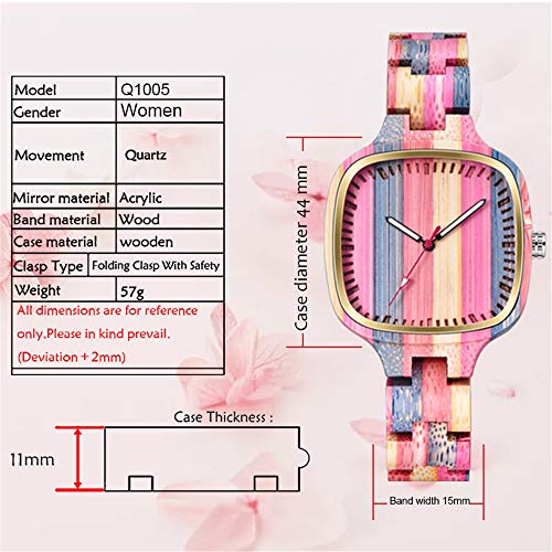 Reloj de pulsera para mujer, cuadrado, de madera, color arcoíris, con visualización analógica única, de cuarzo, para mujer