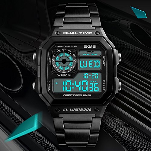 Relojes Digital Cuadrado Multifuncional Relojes Hombre Cronómetro Alarma Relojes Acero Inoxidable Negro Casual