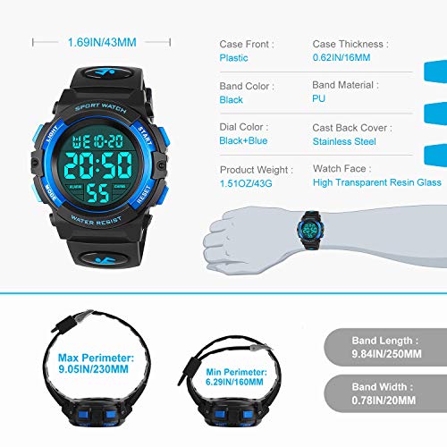 Relojes Infantiles para niños, Reloj Deportivo Digital al Aire Libre a Prueba de Agua con Alarma/Cronómetro, Relojes de Pulsera Digitales Infantiles para niños Cumpleaños Azul RSVOM