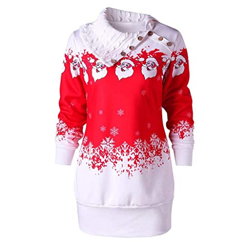 Reooly Mujeres Navidad Santa Claus Copo de Nieve Imprimir Botón Top Sudadera Larga Top(Rojo,XXXX-Large)