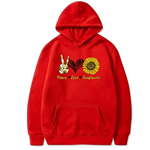 ReooLy Pull-Over, Sudadera con Capucha Holgada para Mujer, Cuello Redondo, Estampado de Girasol, Manga Larga(L-Rojo，XXXL)