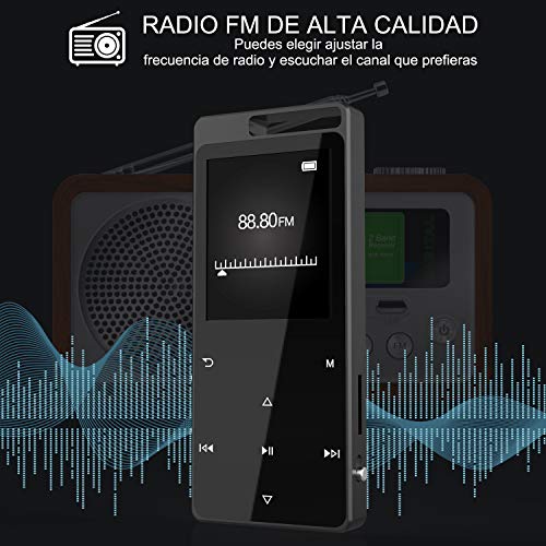 Reproductor MP4 Bluetooth 8 GB,TESECU MP3 Player MP3 Bluetooth Deportivo Cuerpo Efecto Espejo Botón Táctil Radio FM y Reproducción de Video,Grabarora de Voz Soporte hasta 128GB