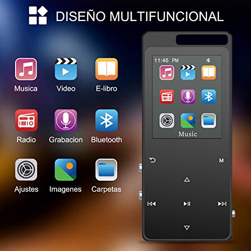 Reproductor MP4 Bluetooth 8 GB,TESECU MP3 Player MP3 Bluetooth Deportivo Cuerpo Efecto Espejo Botón Táctil Radio FM y Reproducción de Video,Grabarora de Voz Soporte hasta 128GB