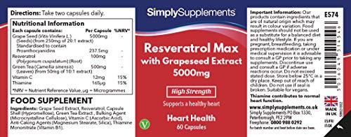 Resveratrol MAX 5000 mg con Extracto de Semilla de Uva - 60 Cápsulas - Apto para veganos - SimplySupplements