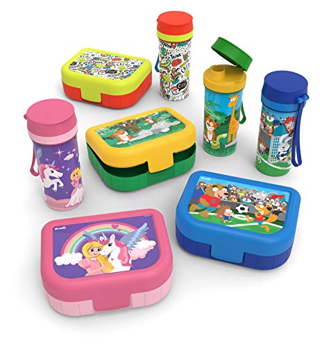 Rotho Memory Kids, Juego de 2 latas Vesper con botella para beber, Plástico PP sin BPA, verde con el motivo jungla, 1l x 0.4l 20.7 x 7.5 x 17.4 cm